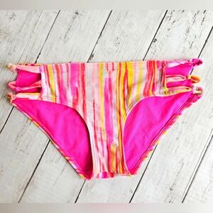 Aerie Striped Paint Stroke Pink Orange Swimsuit Bikini Bottoms Strappy Hips
